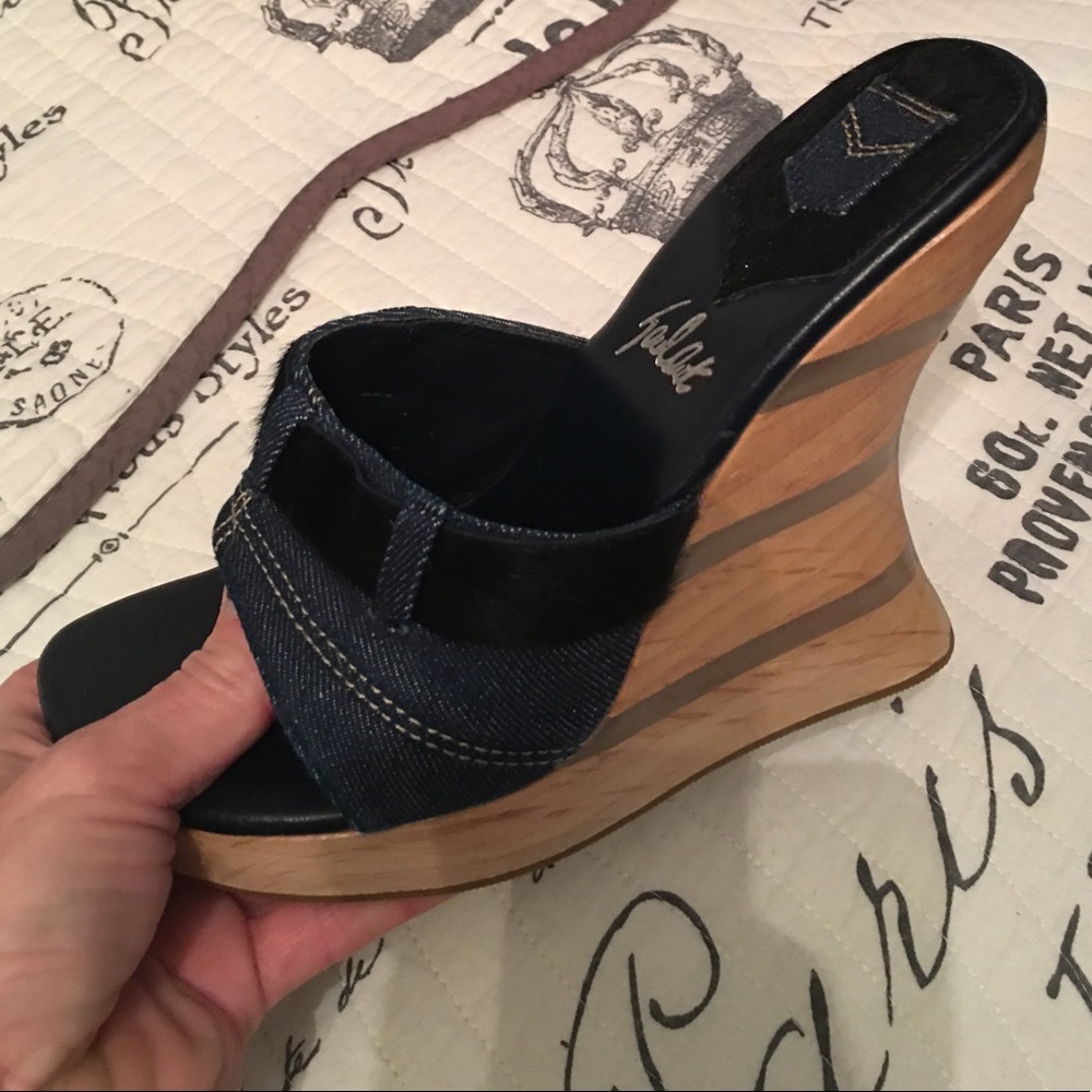 Denim Fabric  blue wedge Wood Heel Summer shoe